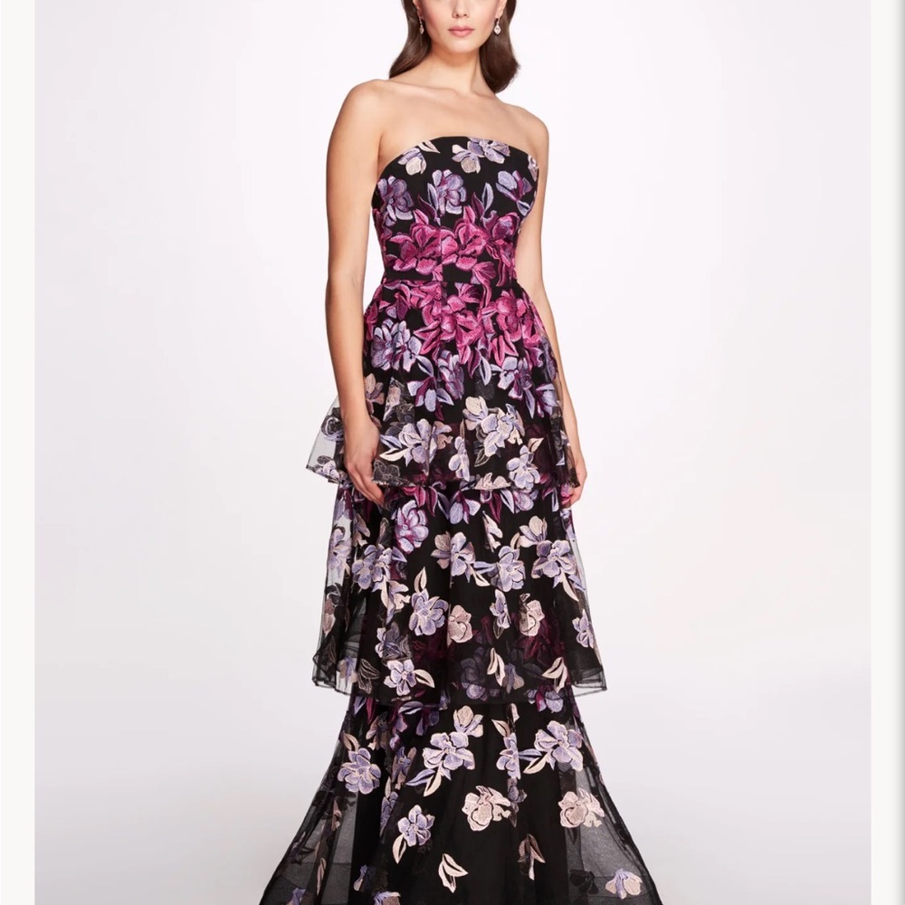 Marchesa Notte Tiered Strapless Gown